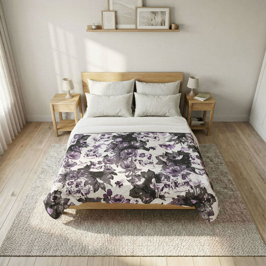 Purple Floral Skull Cotton Comforter — Gothic Botanical Bedspread