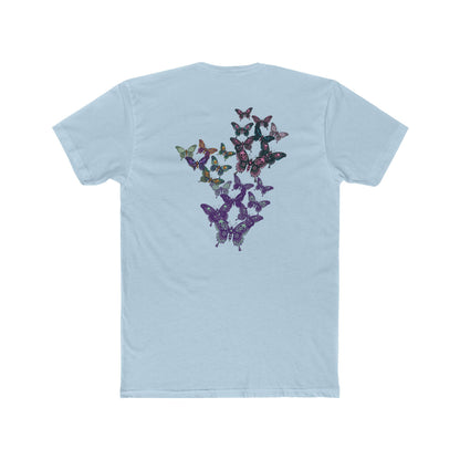 Moth & Skulls Crew Tee — Blue Graphic 'Quiet Promise' Cotton Tee