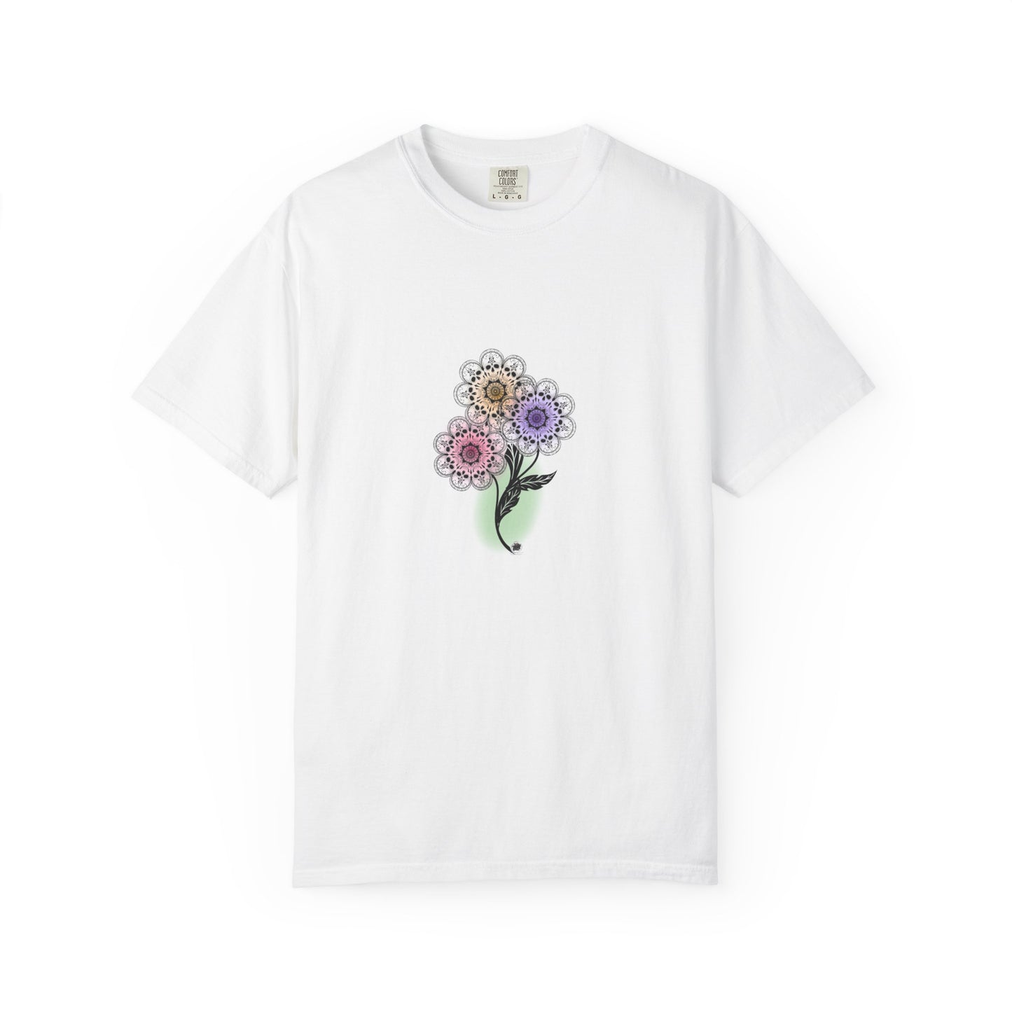 Skull Flower Mandela Trio - Unisex T-Shirt — Hand-Drawn Flower Bouquet & Sugar Skull Back Print