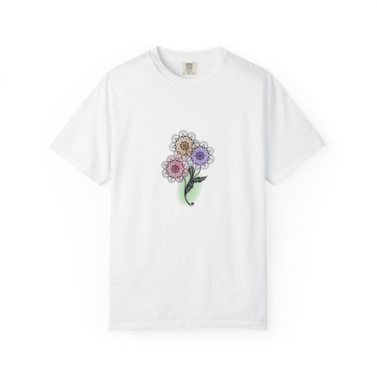 Skull Flower Mandela Trio - Unisex T-Shirt — Hand-Drawn Flower Bouquet & Sugar Skull Back Print
