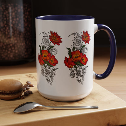 Orange & Red Poppy Flowers Original Tattoo Artwork - Coffee Mug (11oz & 15oz) Your choice of Interior & Handle choices