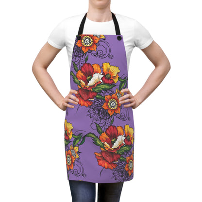 Orange & Red Poppy Flowers Original Tattoo Artwork - Purple Apron