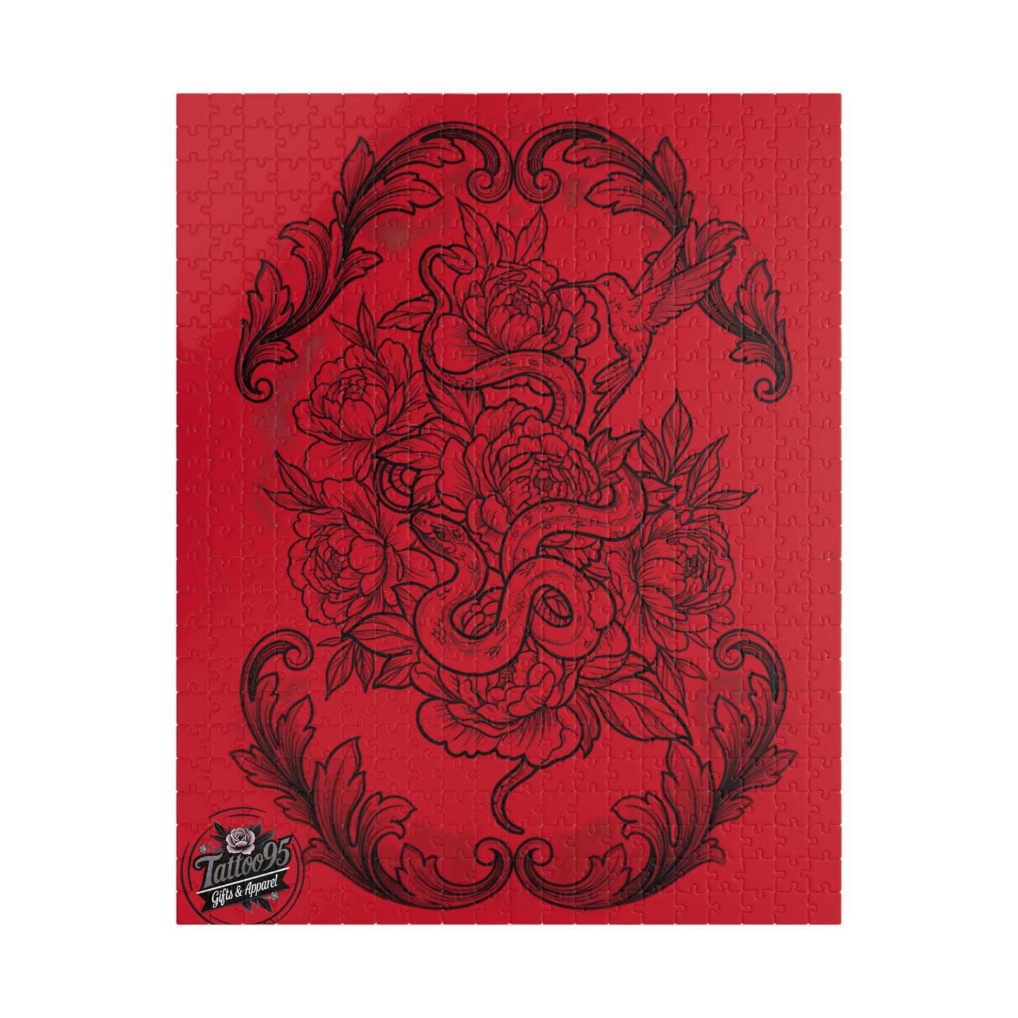 Snake, Hummingbird and Peonies Tattoo Artwork - Jigsaw Puzzle — PIECES are 110, 252, 520 and 1014 Glossy Finish
