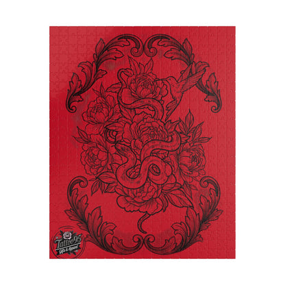 Snake, Hummingbird and Peonies Tattoo Artwork - Jigsaw Puzzle — PIECES are 110, 252, 520 and 1014 Glossy Finish