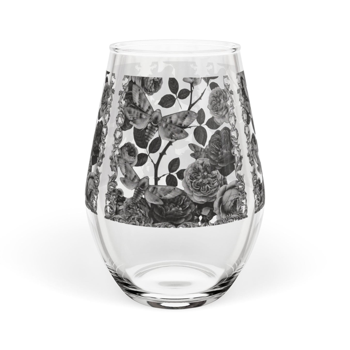 Black Rose Moths Stemless Wine Glass — Floral 11.75 oz Decorative Glassware