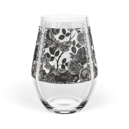 Black Rose Moths Stemless Wine Glass — Floral 11.75 oz Decorative Glassware