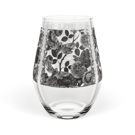 Black Rose Moths Stemless Wine Glass — Floral 11.75 oz Decorative Glassware