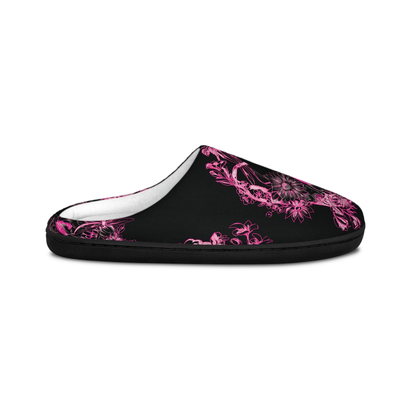Floral Skull and Dragonfly Tattoo Art (Pink) - Black & Pink Comfy House Slippers