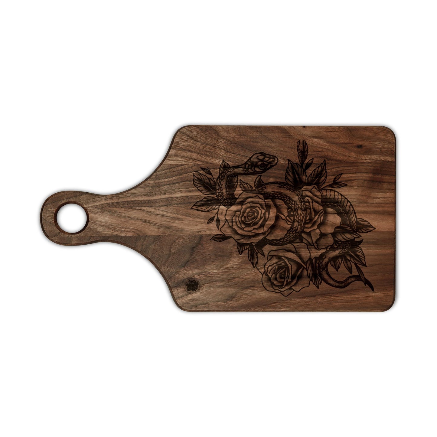 Snake & Roses Engraved Wooden Cutting Board — Decorative Paddle & Rectangular Serving Board