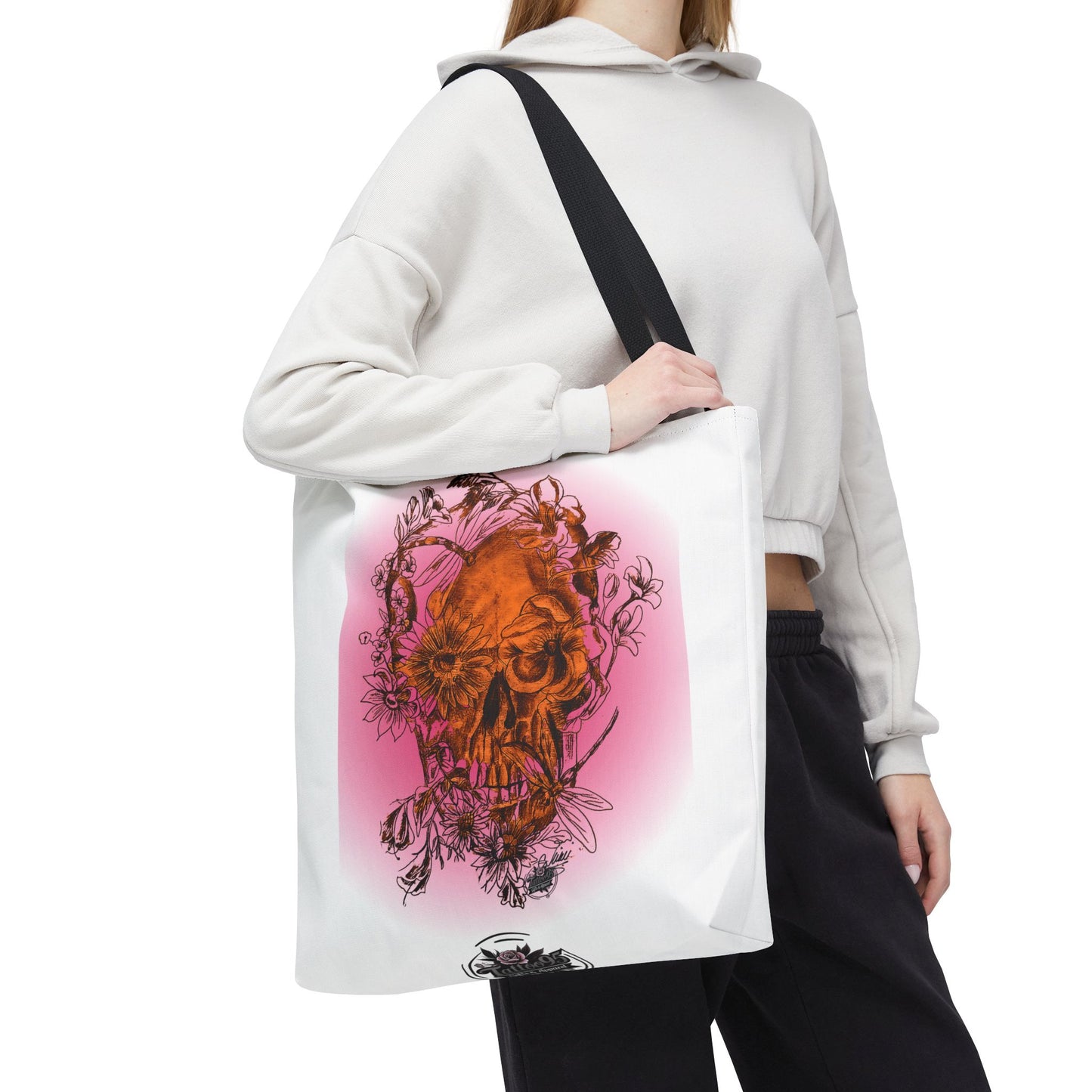Floral Skull and Dragonfly Tattoo Art (Orange) - Tote Bag (3 Sizes)