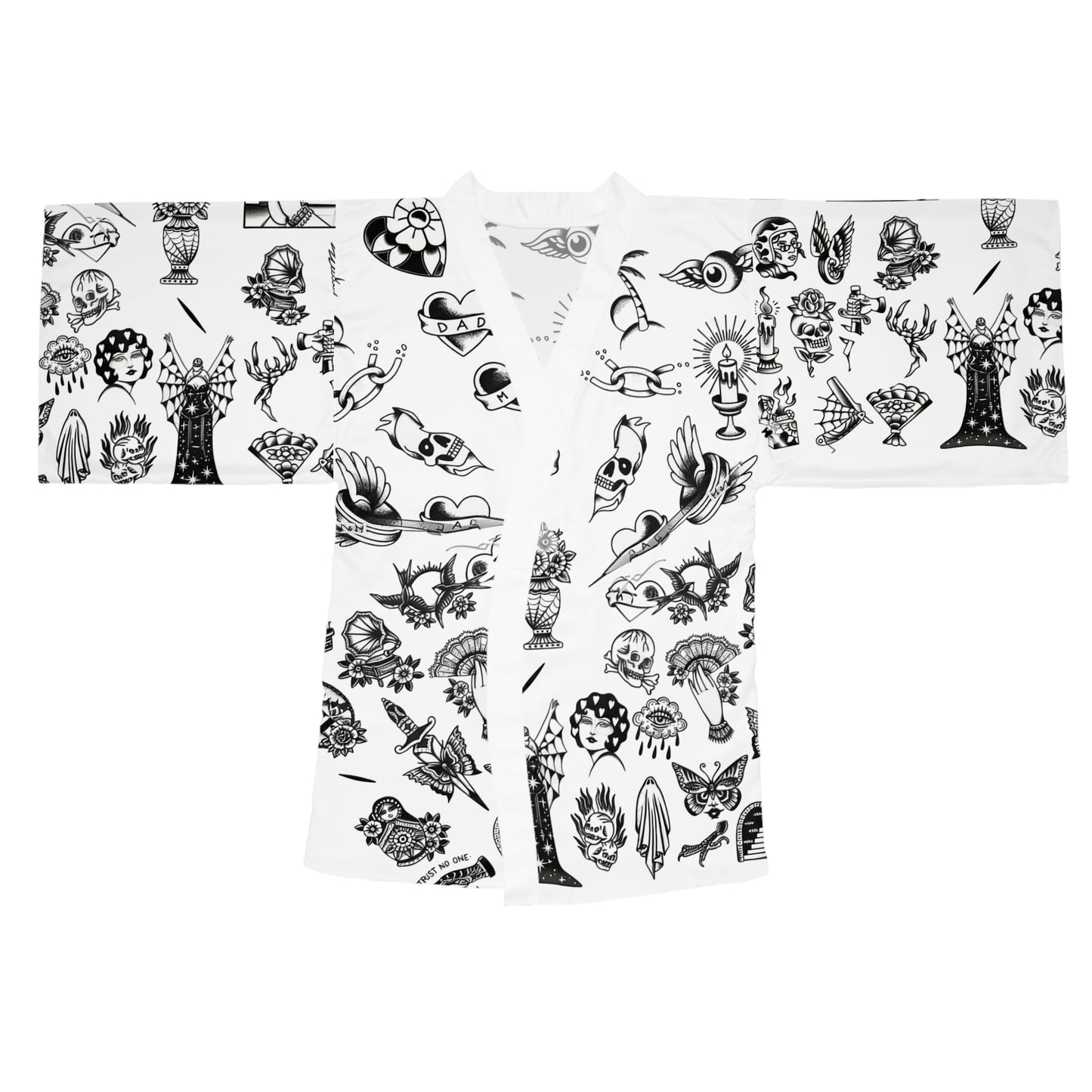 Silken Tattoo-Style Kimono Robe — Mid-Length Bell Sleeve Lounge & Evening Wrap
