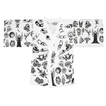 Silken Tattoo-Style Kimono Robe — Mid-Length Bell Sleeve Lounge & Evening Wrap