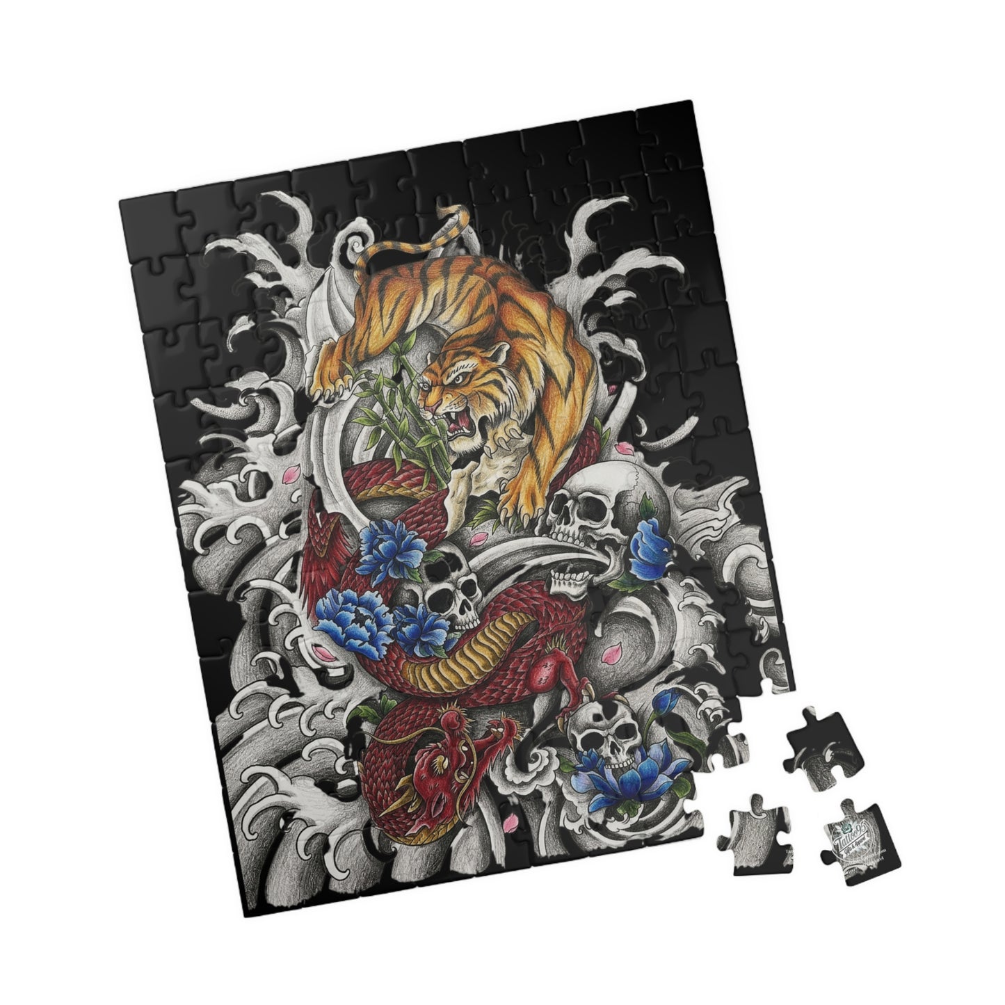 Tiger, Dragon & Skulls - Tattoo-Style Puzzle — Jewel-Toned Glossy Art (110/252/520/1014 pcs)
