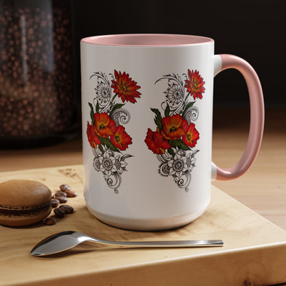 Orange & Red Poppy Flowers Original Tattoo Artwork - Coffee Mug (11oz & 15oz) Your choice of Interior & Handle choices