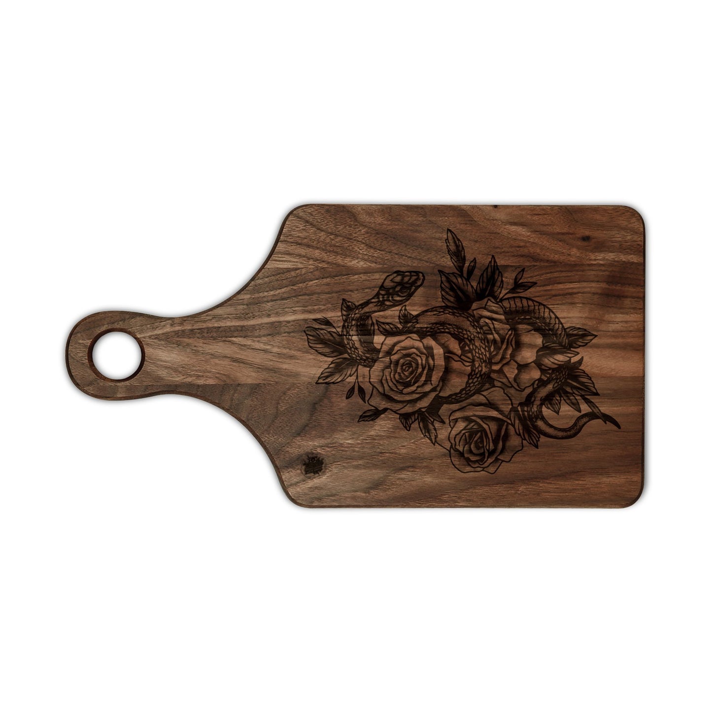 Snake & Roses Engraved Wooden Cutting Board — Decorative Paddle & Rectangular Serving Board