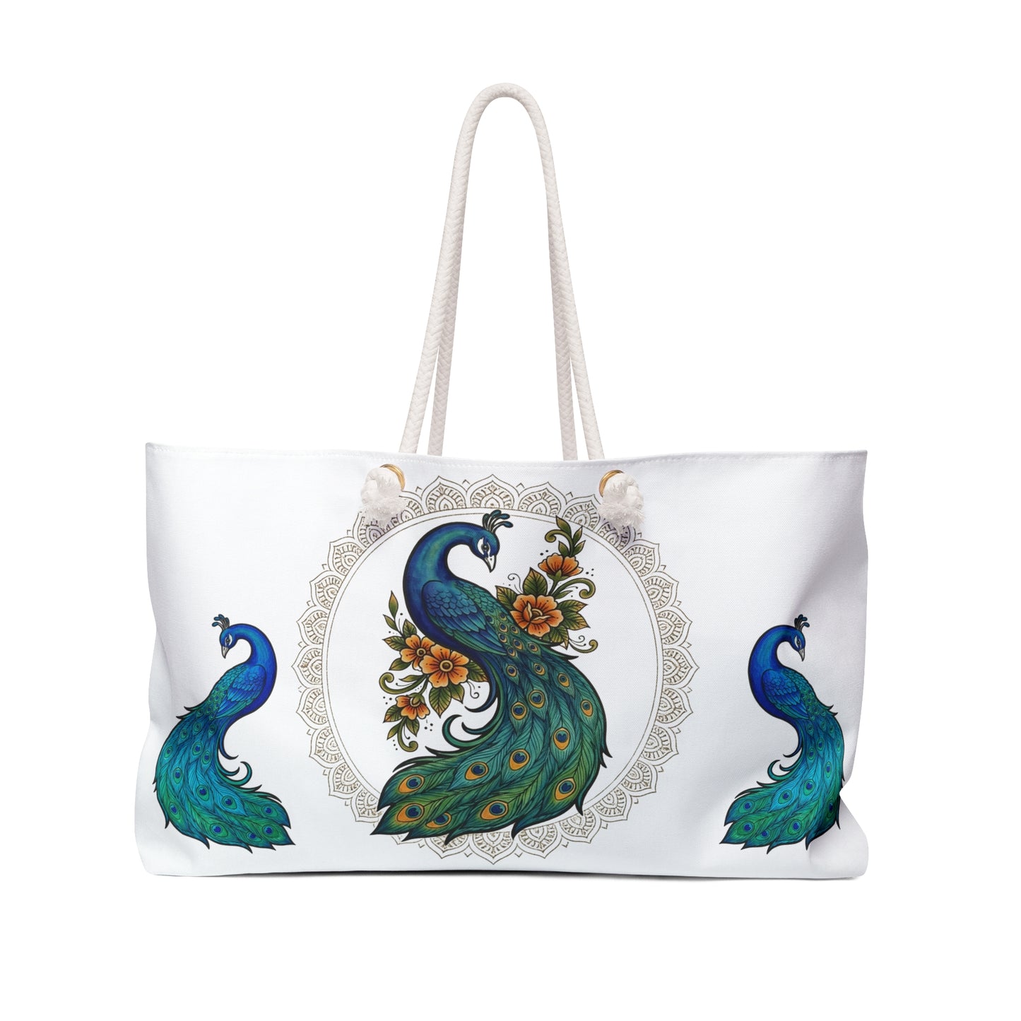 Floral Peacock - Weekender Bag — Spacious Travel Tote with Elegant Bird Mandala Design