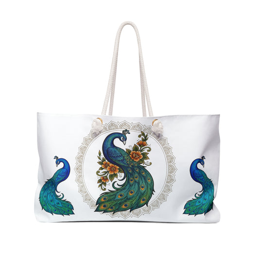 Floral Peacock - Weekender Bag — Spacious Travel Tote with Elegant Bird Mandala Design