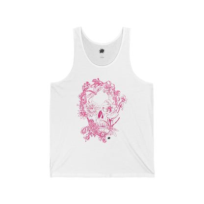 Floral Skull and Dragonfly Tattoo Art (Pink) — Tattoo Art Unisex Jersey Tank