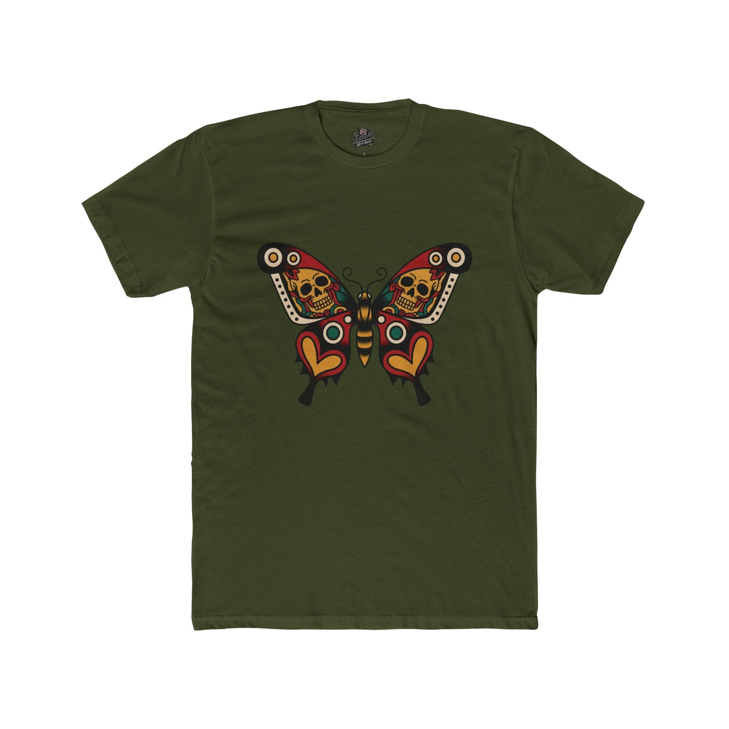 Butterfly Skulled Wings - Crew Tee — Red Yellow & Green Graphic 'Quiet Promise' Cotton Tee