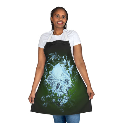 Floral Skull and Dragonfly Tattoo Art (Green) on Black Apron
