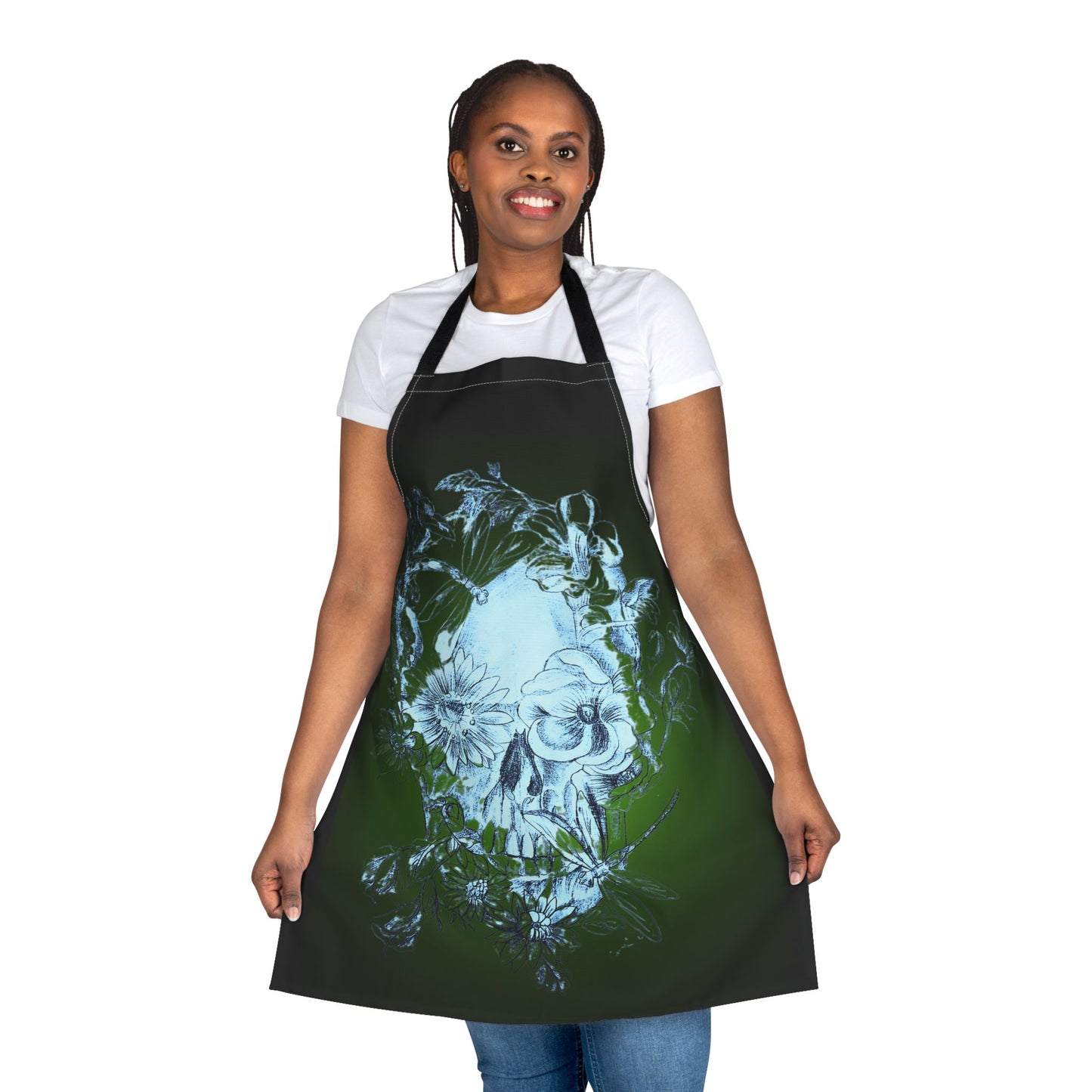 Floral Skull and Dragonfly Tattoo Art (Green) on Black Apron