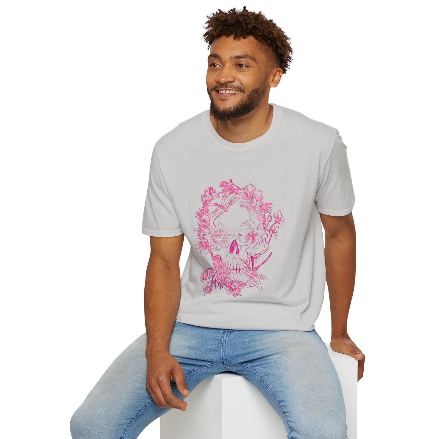 Floral Skull and Dragonfly Tattoo Art (Pink) - Unisex Softstyle T-Shirt