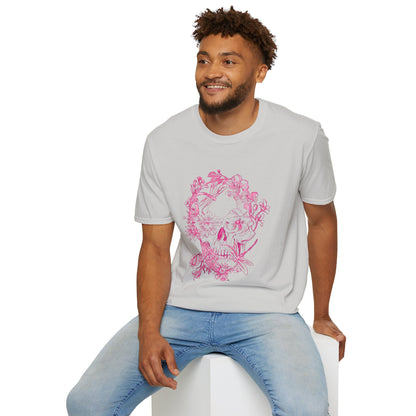 Floral Skull and Dragonfly Tattoo Art (Pink) - Unisex Softstyle T-Shirt