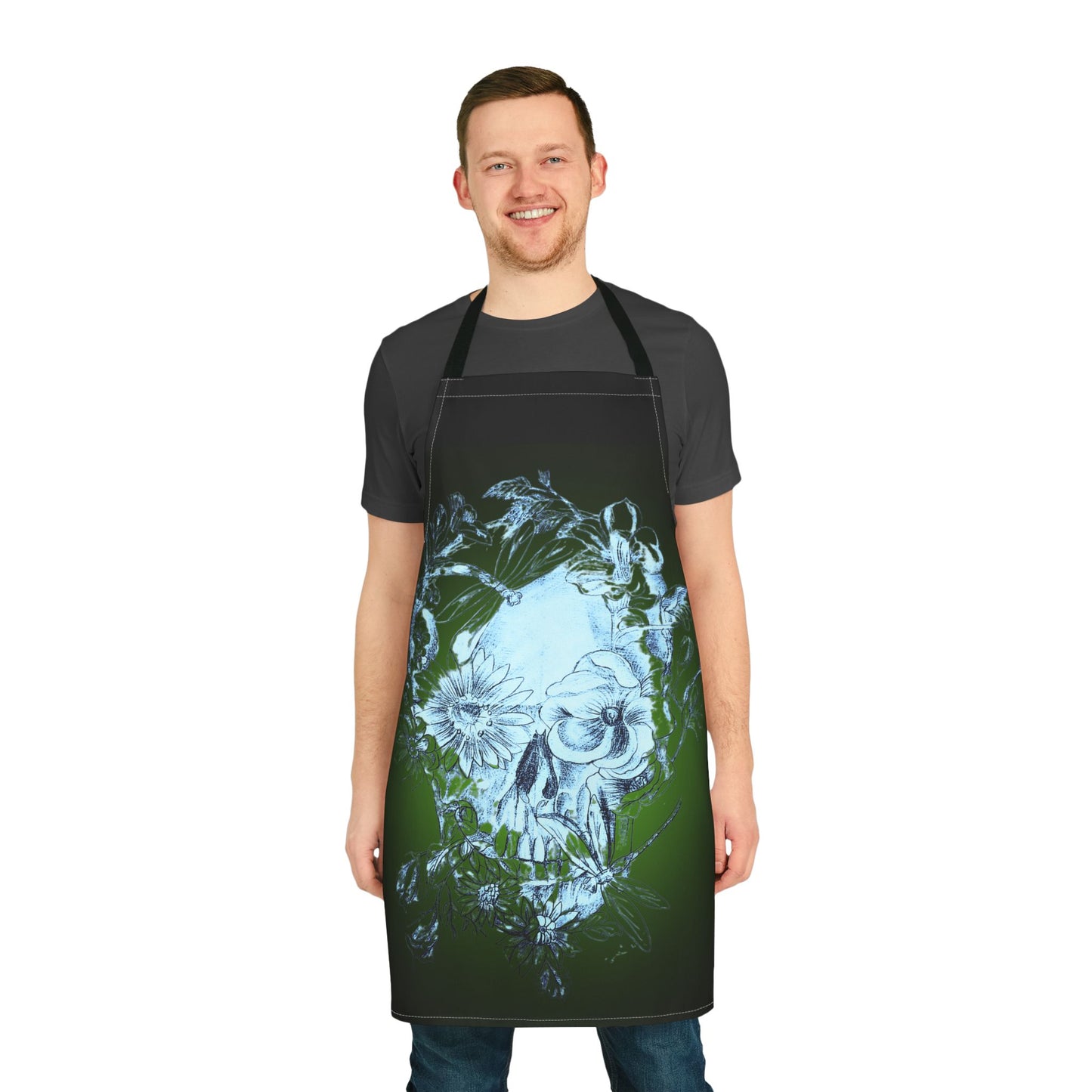 Floral Skull and Dragonfly Tattoo Art (Green) on Black Apron