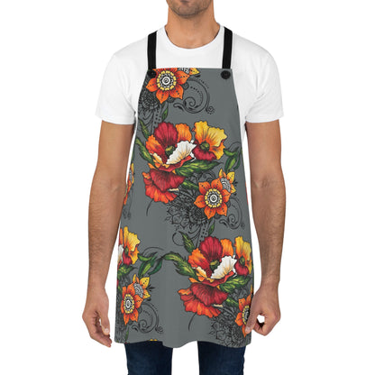 Orange & Red Poppy Flowers Original Tattoo Artwork - Grey Apron