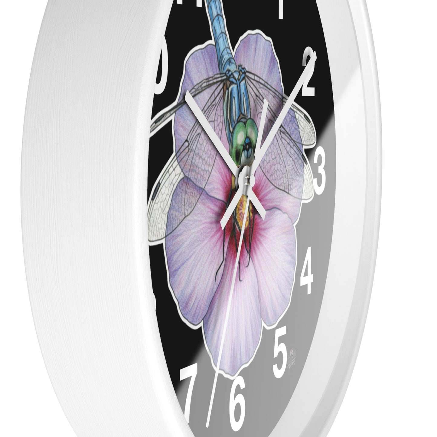 Dragonfly Hibiscus - Wall Clock — Black Background Silent 10" Clock