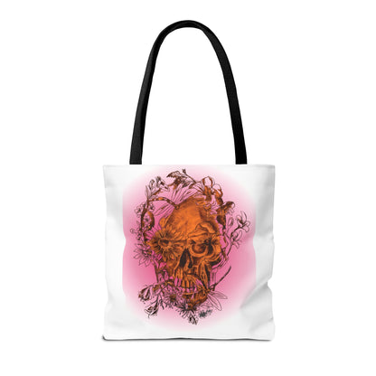 Floral Skull and Dragonfly Tattoo Art (Orange) - Tote Bag (3 Sizes)
