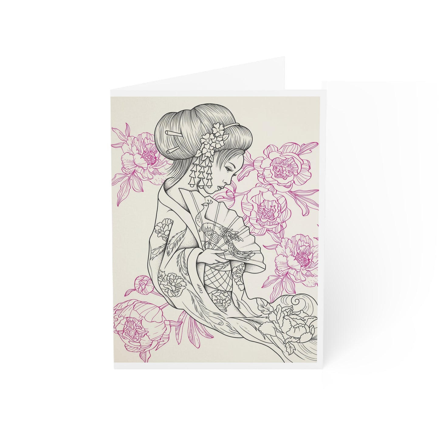 Flowing Geisha Greeting Card — Original Tattoo Design (Pack of 1/10/30/50)