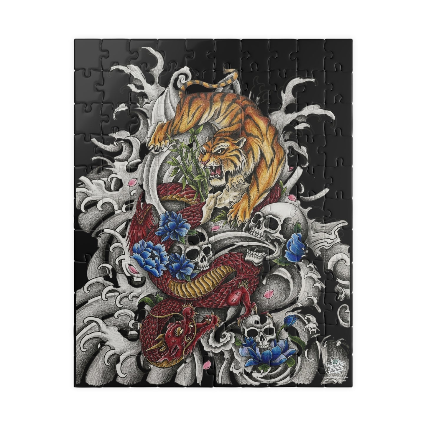 Tiger, Dragon & Skulls - Tattoo-Style Puzzle — Jewel-Toned Glossy Art (110/252/520/1014 pcs)