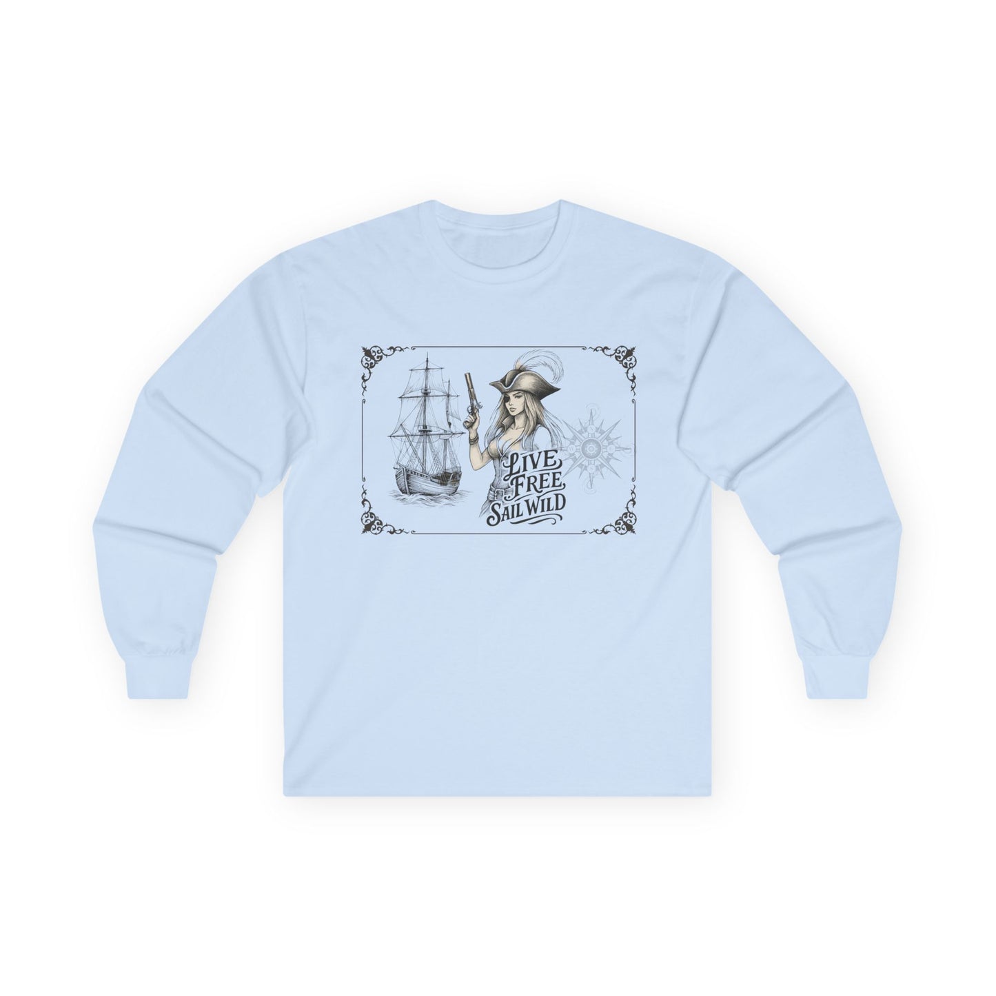 Live Free, Sail Wild Pirate Lady with Back Quote "I’m the Storm You Saw Coming" - Gildan Adult Long Sleeve Ultra Cotton T-Shirt