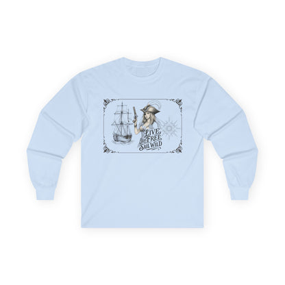 Live Free, Sail Wild Pirate Lady with Back Quote "I’m the Storm You Saw Coming" - Gildan Adult Long Sleeve Ultra Cotton T-Shirt