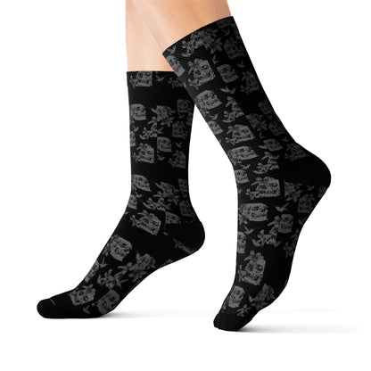 Skull Lily Tattoo Artwork Sublimation Socks — Black Gothic Crew Socks for Halloween & Everyday