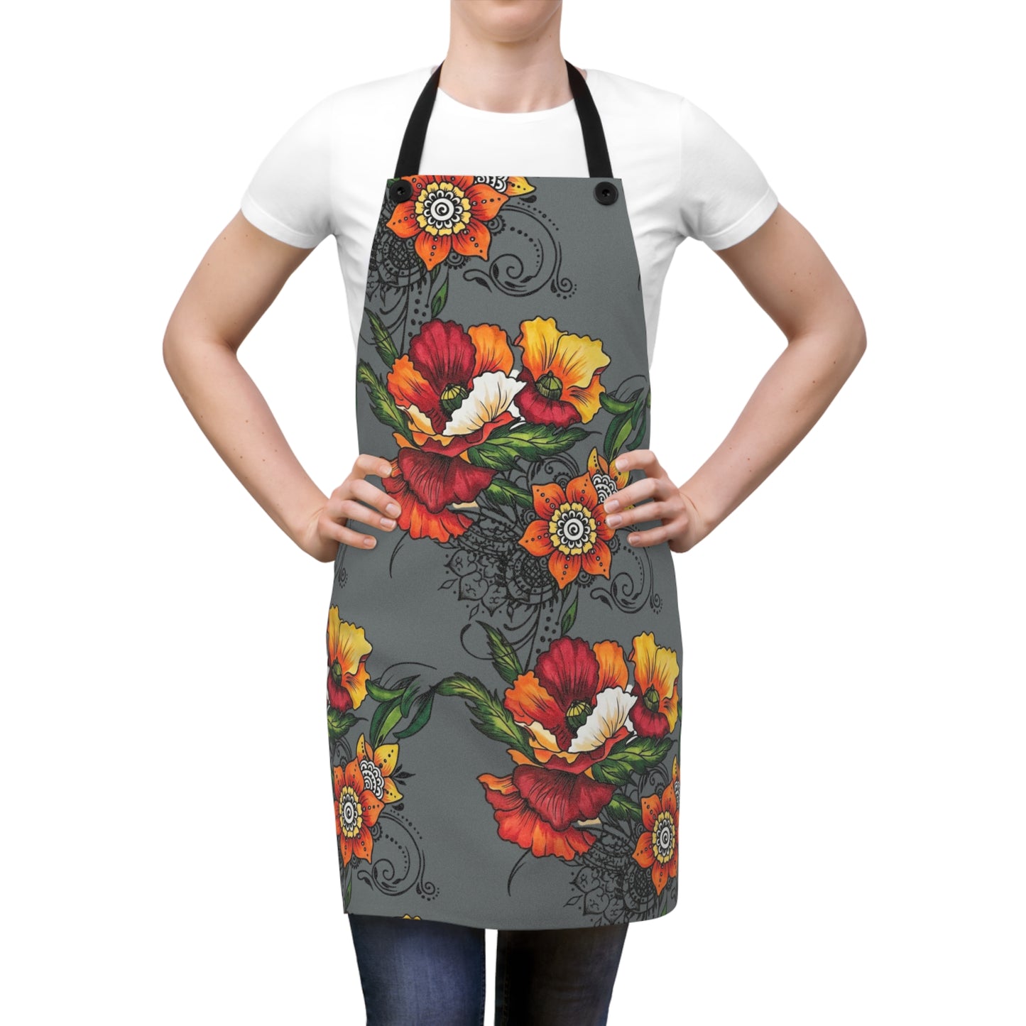 Orange & Red Poppy Flowers Original Tattoo Artwork - Grey Apron