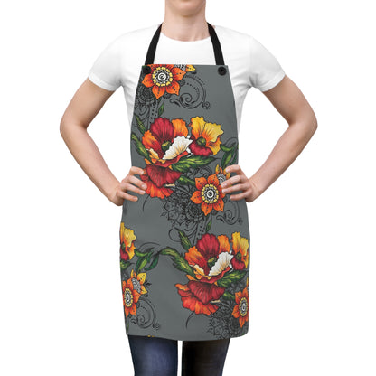 Orange & Red Poppy Flowers Original Tattoo Artwork - Grey Apron