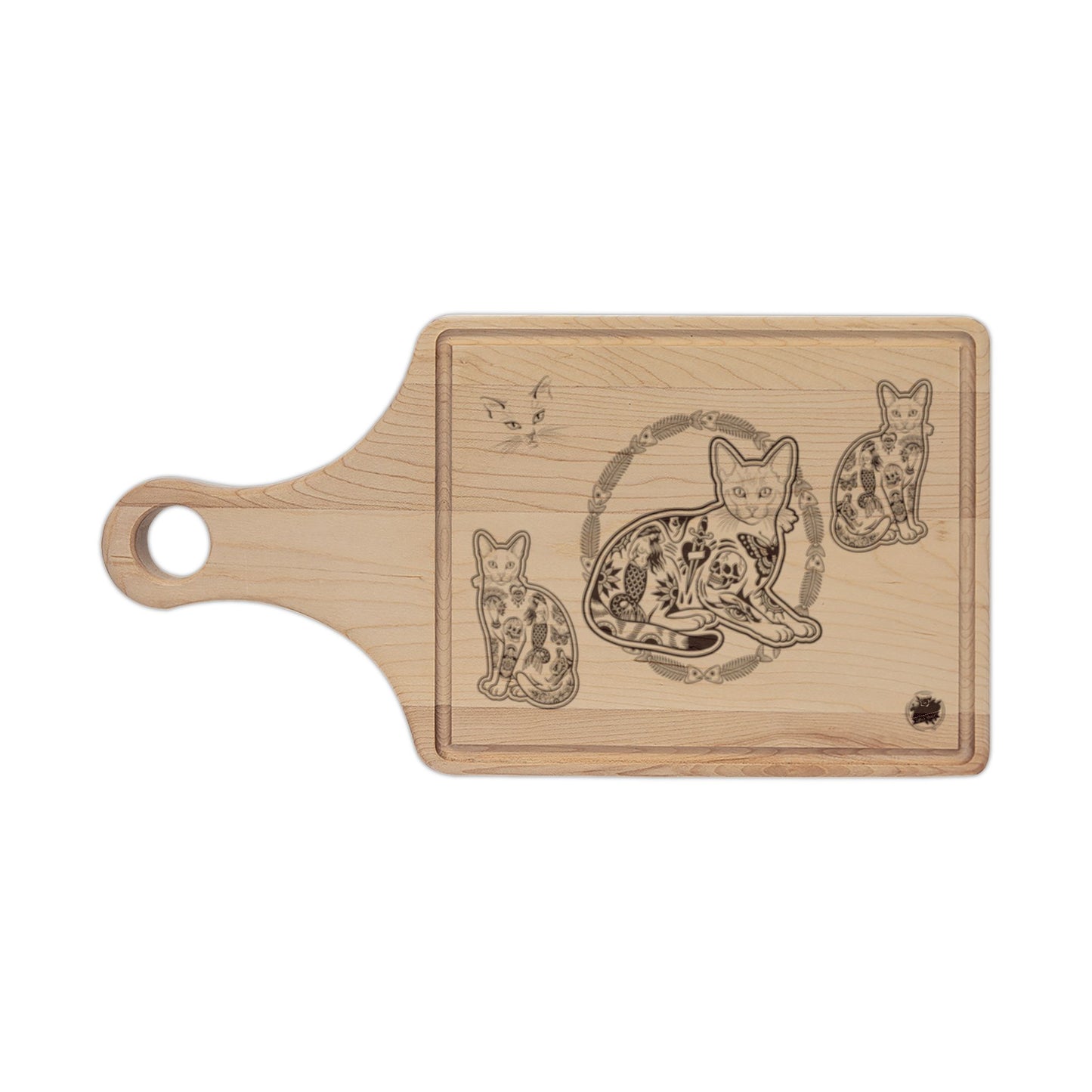Tattooed Cat Fish Bones Circle Original Tattoo Artwork - Engraved Paddle & Rectangular Cutting Boards — Decorative Serving & Chopping Board