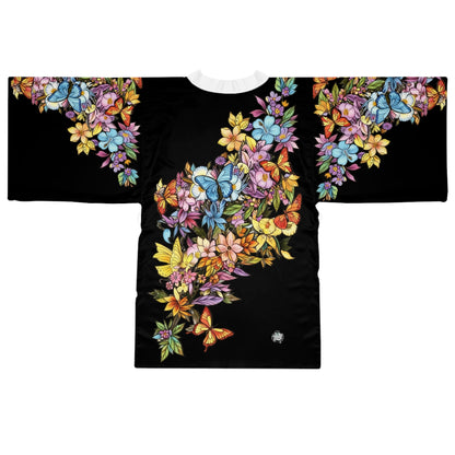 Butterfly Cascading Flowers - Kimono Robe — Silk-Touch Mid-Length Tattooed Print