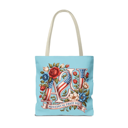 Floral USA -- Happy 250th Birthday America Tote Bag — Patriotic 4th of July Celebration Tote