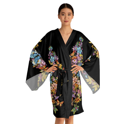 Butterfly Cascading Flowers - Kimono Robe — Silk-Touch Mid-Length Tattooed Print