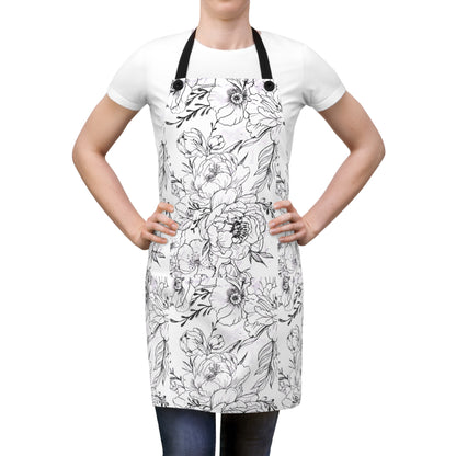 Peonies Tattoo Artwork - White Apron - Black Floral Artwork