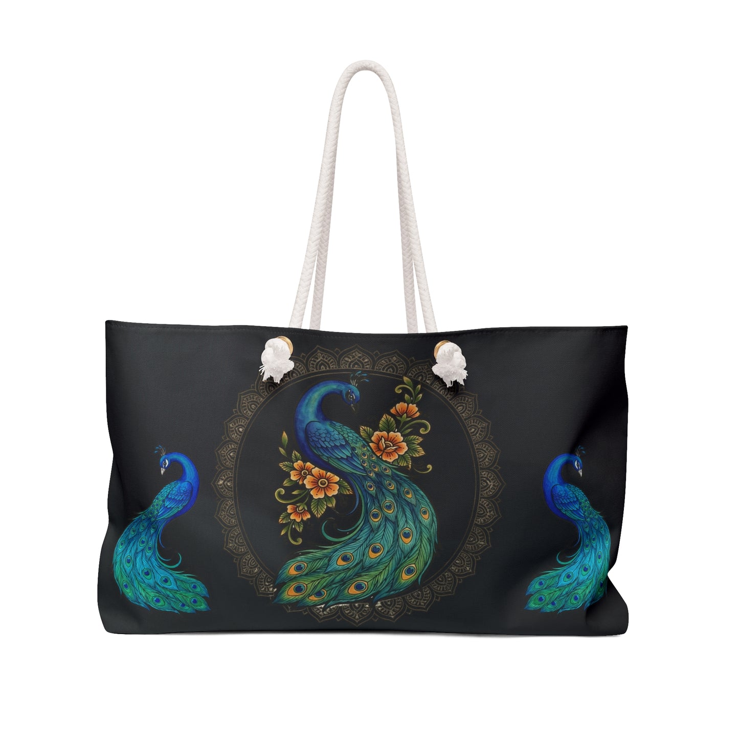 Floral Peacock - Weekender Bag (Black) — Spacious Travel Tote with Elegant Bird Mandala Design