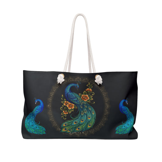Floral Peacock - Weekender Bag (Black) — Spacious Travel Tote with Elegant Bird Mandala Design