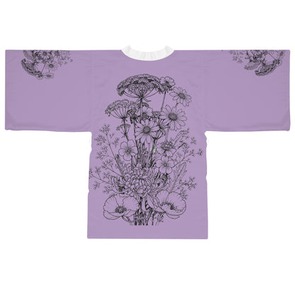 Wildflowers Tattoo Silk-Touch Mid-Length Kimono Robe — Purple