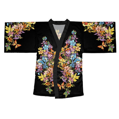 Butterfly Cascading Flowers - Kimono Robe — Silk-Touch Mid-Length Tattooed Print