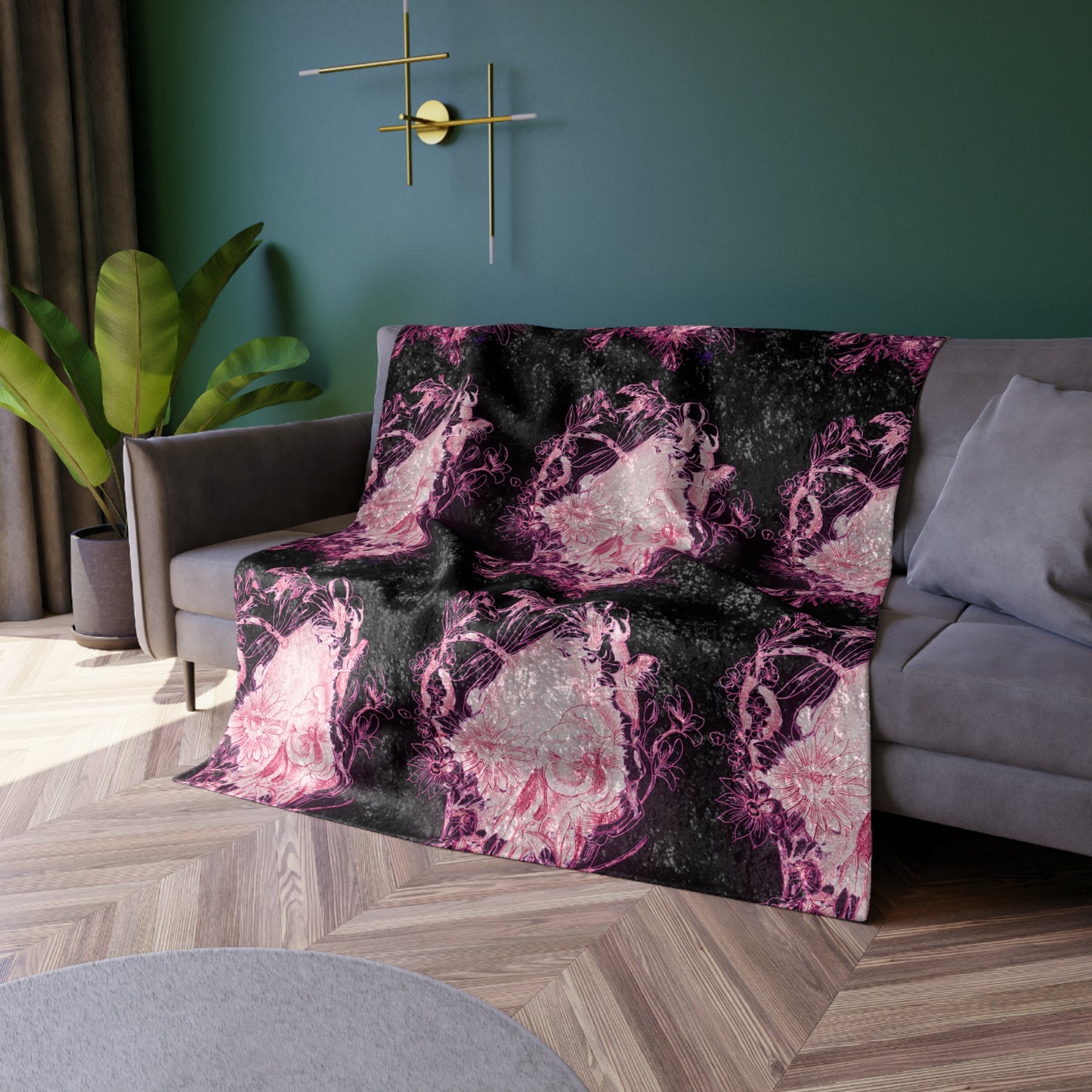 Floral Skull and Dragonfly Tattoo Art (Pink) - Crushed Velvet Blanket