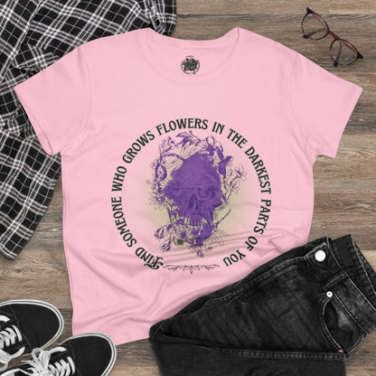 Floral Skull and Dragonfly Tattoo Art (Purple) Find Someone Who Grows Flowers In The Darkets Part of You Quote - Unisex TShirts