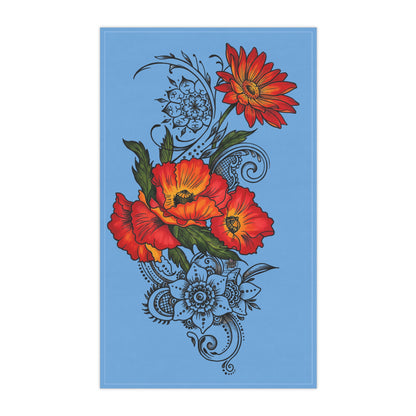 Floral Red Poppy Tea Towel — Bright Red Poppies on Sky Blue Kitchen Towel